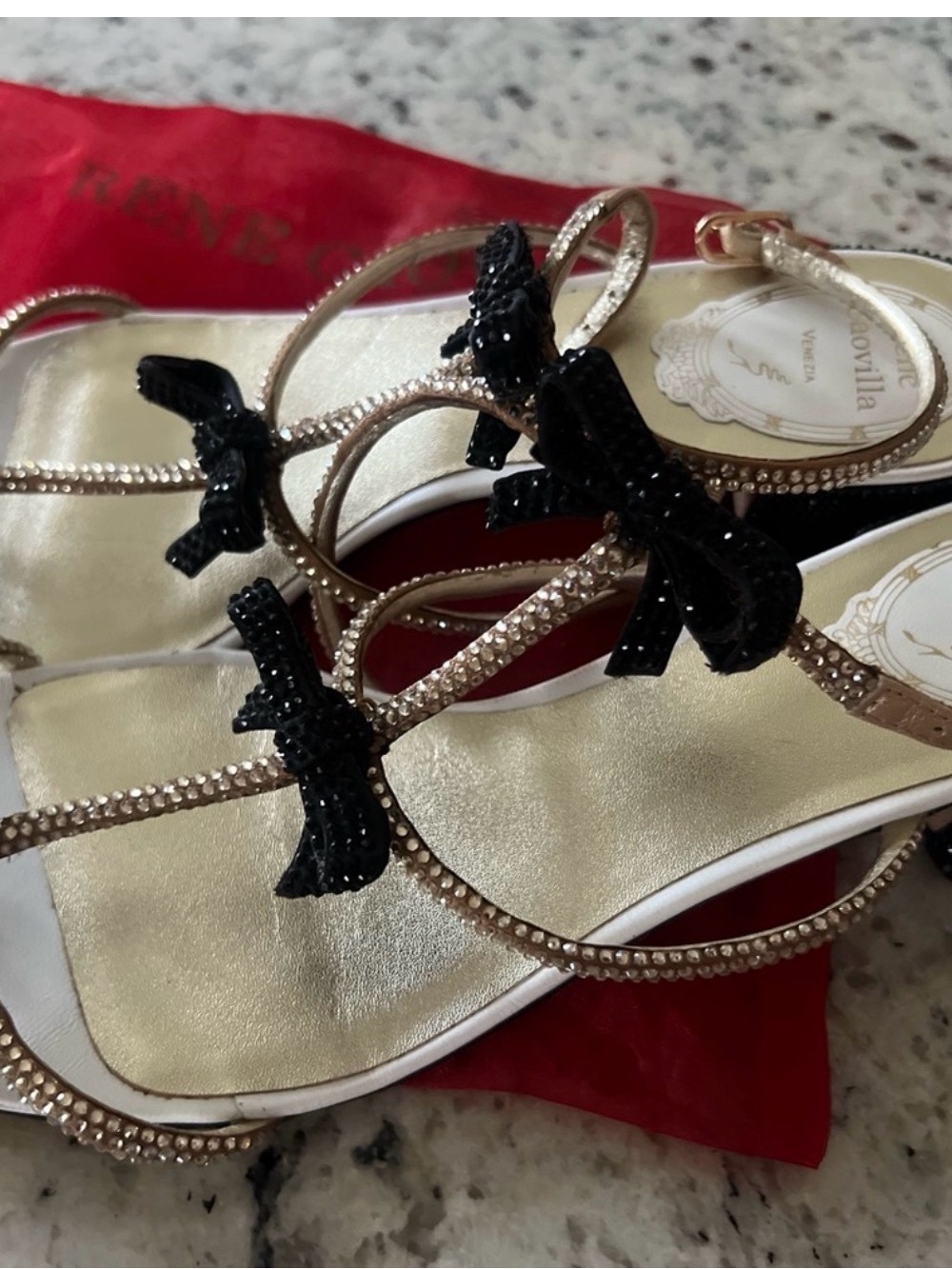 Rene Caovilla Gold Strappy Sandals with Black Bow Accent size 39